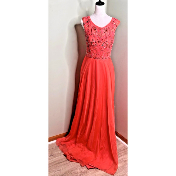 Sherri Hill Dresses & Skirts - Sherri Hill Coral Beaded Chiffon Evening Prom Gown Size 16 – Sleeveless A-Line